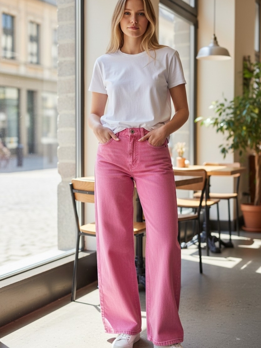 BDG High & Wide Pink Wide Leg Jeans Cropped Raw Hem Y2K Barbiecore Size 24